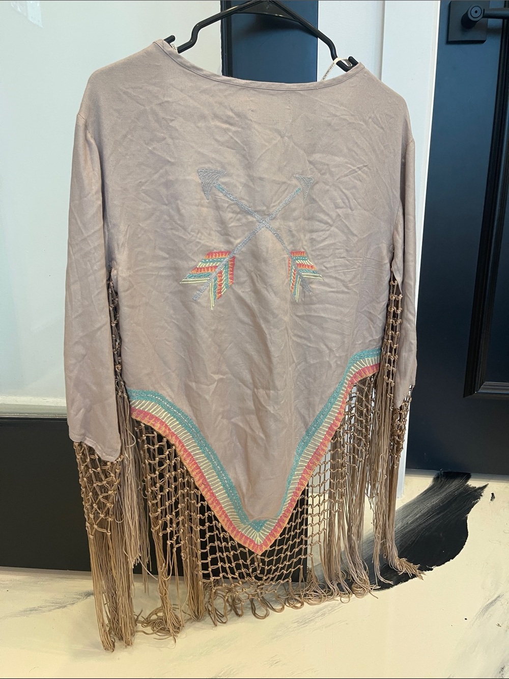 Judith March Taupe Fringe Embroidered Open Cardigan - Picture 2 of 2